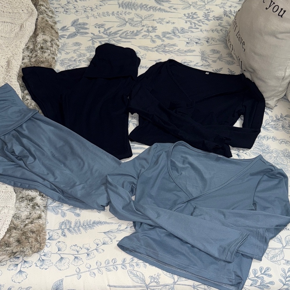 Navy Blue and Sky Blue Long Sleeve Top Sets